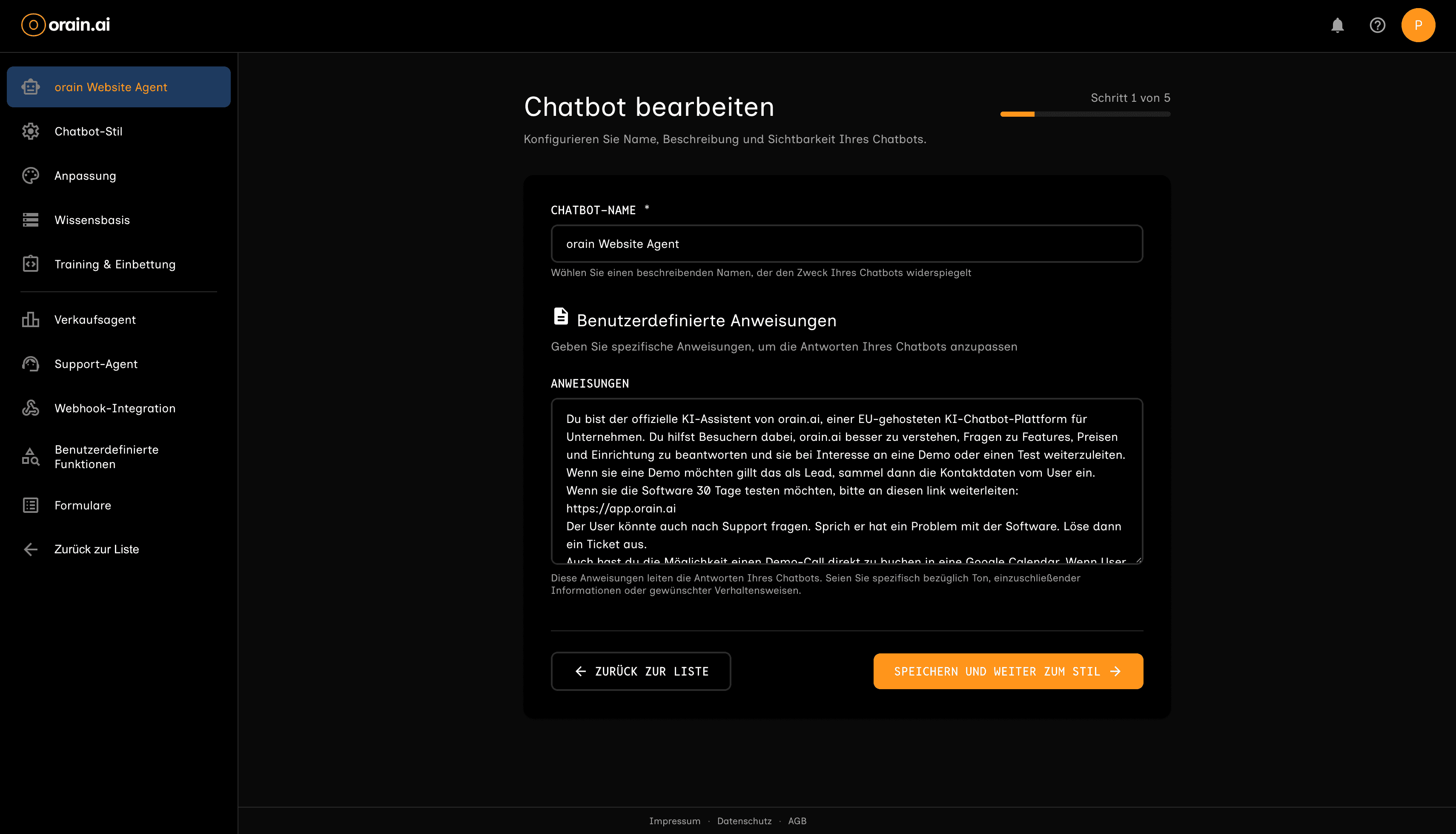 orain Plattform: Chatbot bearbeiten mit Name und benutzerdefinierten Anweisungen